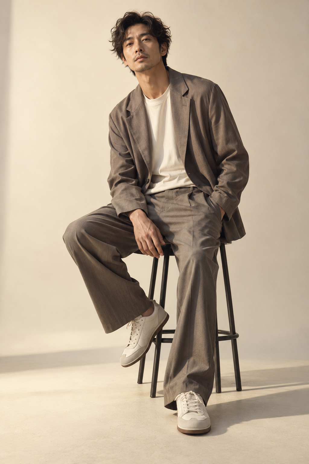 ゆったりしたセットアップを着た男性モデルの雑誌撮影イメージ